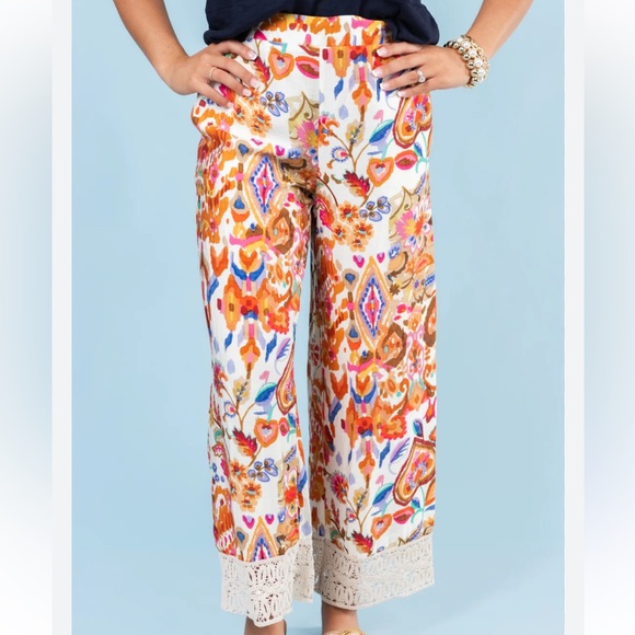 Rachel Zoe Pants - NWT Rachel Zoe Linen Blend Wide Leg Cropped Pant Crochet Ankle Colorful size XS